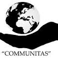na białym polu czarna dłoń nad którą jest biało-czarny glob ziemski pod spodem napis Communitas