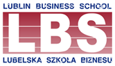 na górze niebieski napis Lublin Business School poniżej na czerwonym polu białe litery LBS, na dole niebieski napis Lubelska szkoła Biznesu