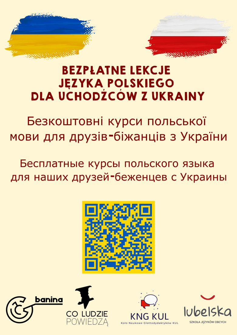 Bezpłatne lekcje języka polskiego dla uchodźców z Ukrainy - plakat