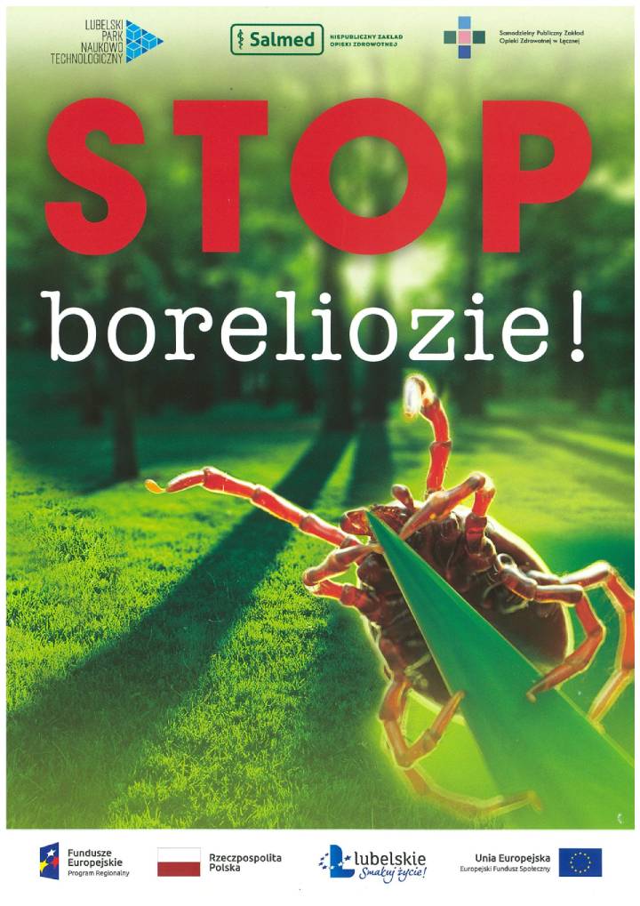 Plakat Stop boreliozie z logami programu i partnerów. Przedstawia powiększonego kleszcza na liściu na tle parku.